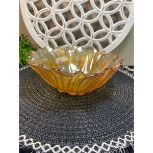 Amber‎ Carnival Glass Sunflower Bowl Iridescent Marigold Scalloped Edge 7.5"